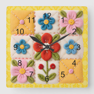 Embroidered Flower Patchwork Quilt Quadratische Wanduhr