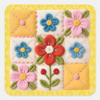 Embroidered Flower Patchwork Quilt Quadratischer Aufkleber