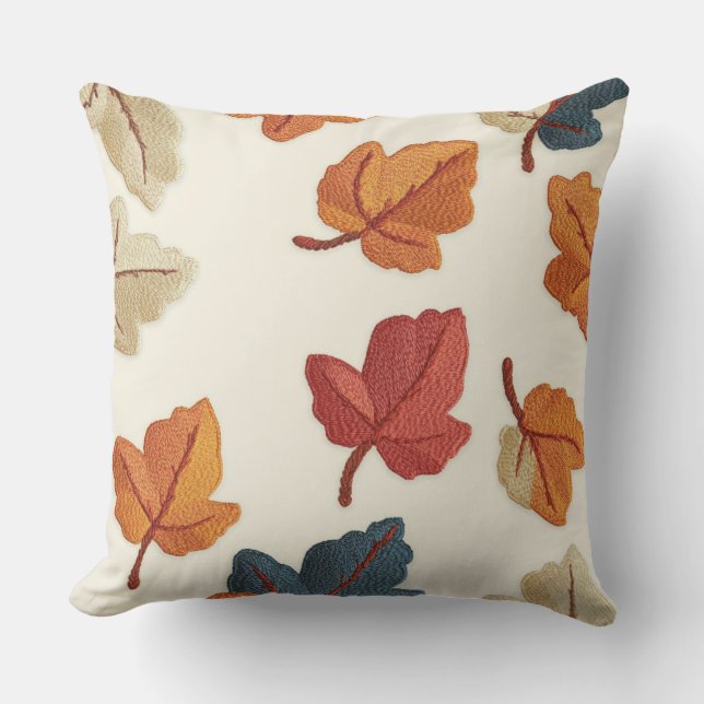 Embroidered Look Fall Leaf Throw Pillow Kissen (Vorderseite)