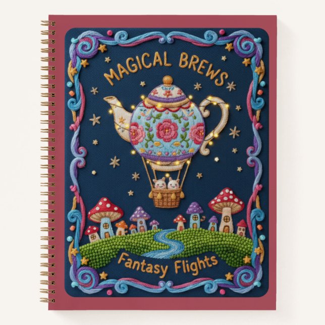 Embroidered Teapot Balloon & Mushroom Village Notizbuch (Vorderseite)