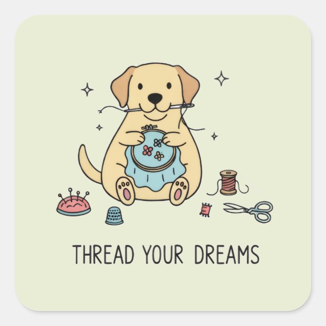 Embroidery Dog Yellow Labrador Crafting and Sewing Quadratischer Aufkleber (Vorderseite)