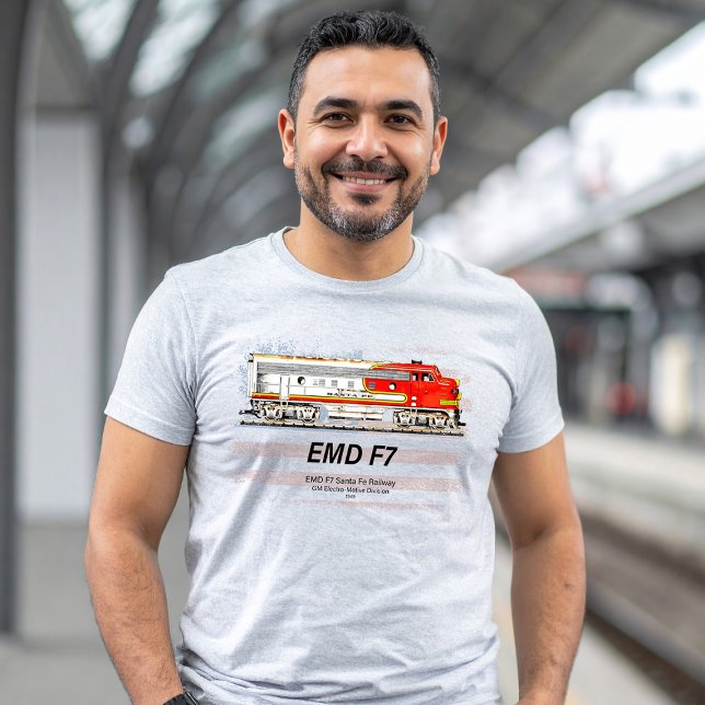 EMD F7 Santa Fe Warbonnet with American Flag. T-Shirt (EMD F7 Santa Fe Warbonnet Diesel Locomotive. Mens Basic T-Shirt)
