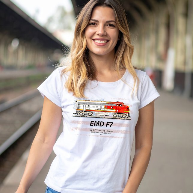 EMD F7 Santa Fe Warbonnet with American Flag. T-Shirt (EMD F7 Santa Fe Warbonnet Diesel Locomotive. Womens Basic T-Shirt)