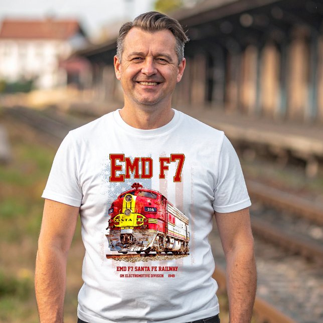 EMD F7 Santa Fe Warbonnet with American Flag. T-Shirt (EMD F7 Santa Fe Warbonnet Diesel Locomotive. Mens Basic T-Shirt)