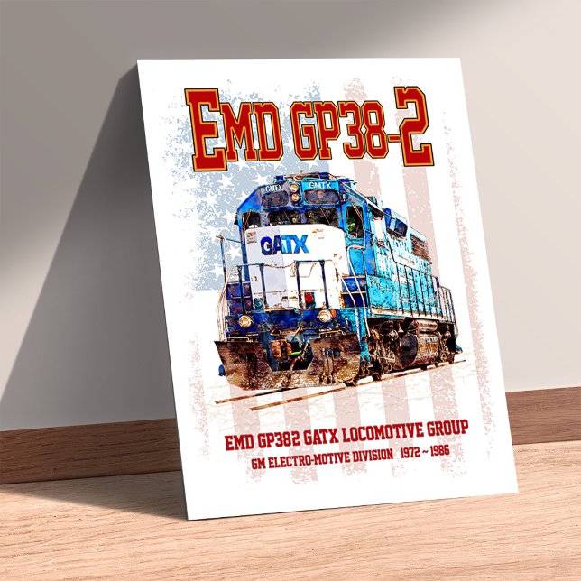 EMD GP38-2 Diesel Locomotive and American flag Poster (EMD GP38-2 Diesel Locomotive and American flag. Poster)