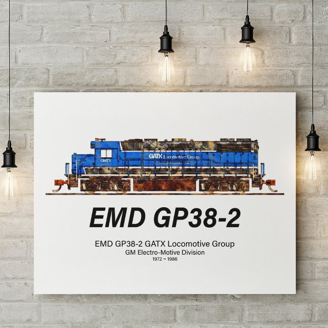 EMD GP38-2 Diesel Lokomotive GATX blau und weiß Fotodruck (EMD GP38-2 Diesel Locomotive GATX blue and white. Photo Print)