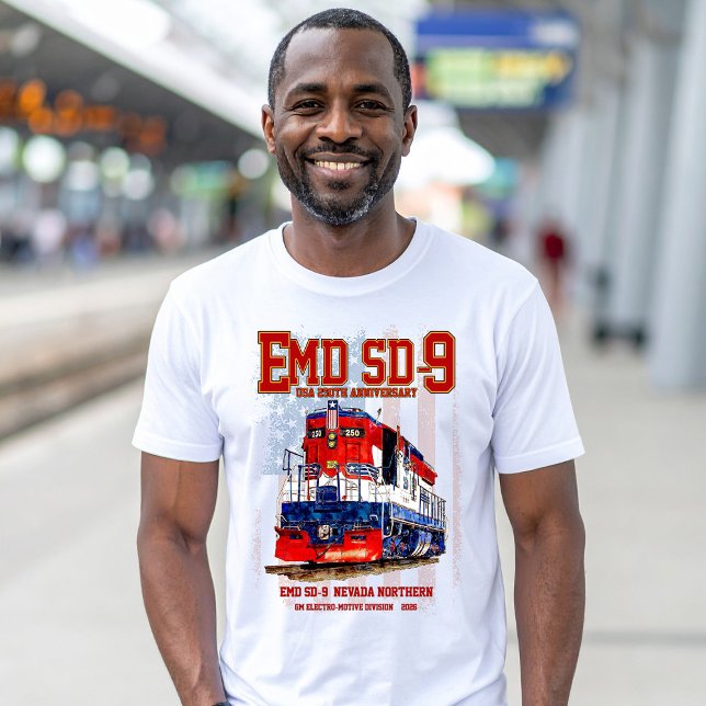 EMD SD-9 Locomotive USA 250th Anniversary Livery T-Shirt (EMD SD9 USA 250th Anniversary Heritage Locomotive. Mens Basic T-Shirt)