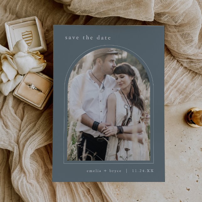 EMELIA Arch Foto Simple Boho Dark Blue Wedding Save The Date (EMELIA Arch Photo Simple Boho Dark Blue Wedding Save The Date)