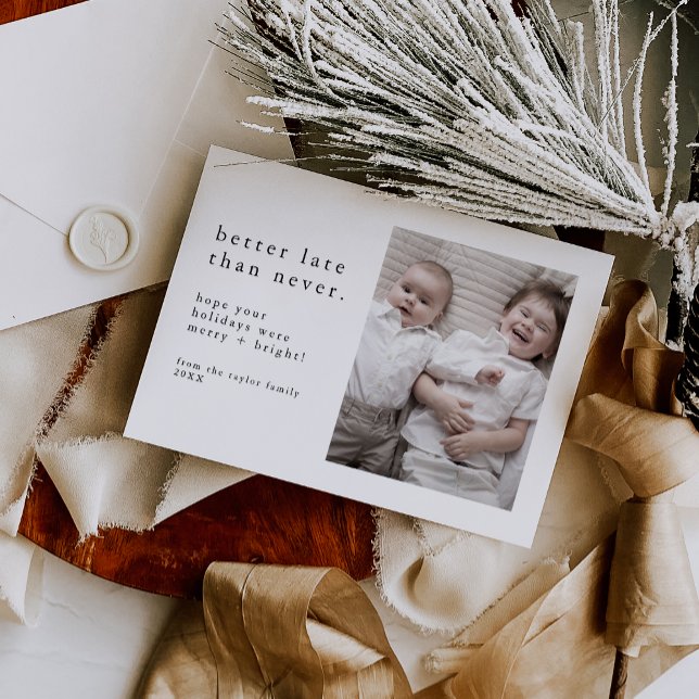 EMELIA Black New Years Foto Späte Funny Christmas Feiertagskarte (EMELIA Black New Years Photo Late Funny Christmas Holiday Card)