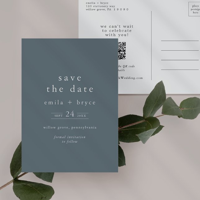 EMELIA Boho Navy Blue Simple Wedding Save the Date Einladungspostkarte (EMELIA Boho Navy Blue Simple Wedding Save the Date Invitation Postcard)