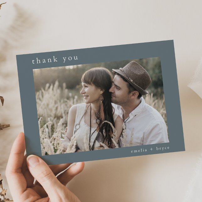 EMELIA Flat Minimal Blue Boho Rustikales Foto Hoch Dankeskarte (EMELIA Flat Minimal Blue Boho Rustic Photo Wedding Thank You Card)