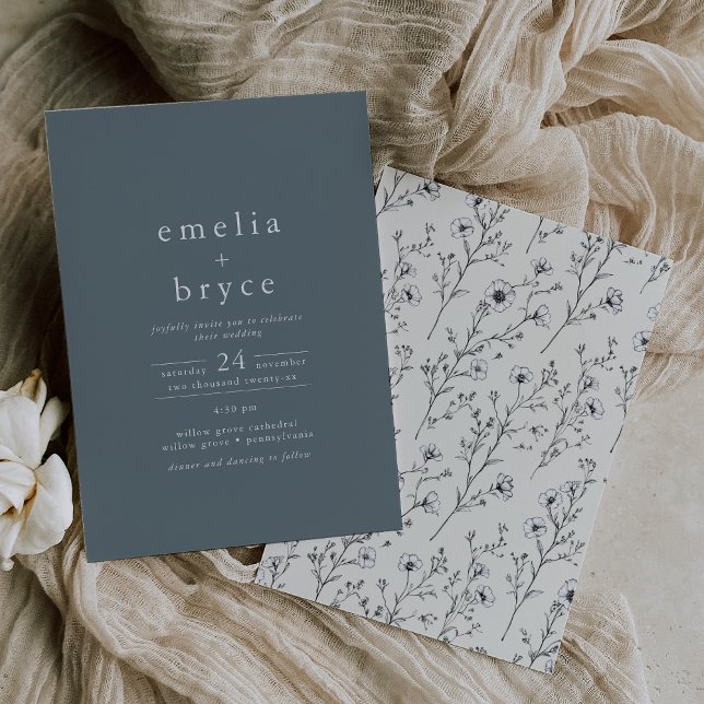 EMELIA Lässige Vintage dunkelblaue Blumenhochzeit Einladung (EMELIA Casual Vintage Dark Blue Floral Wedding Invitation)