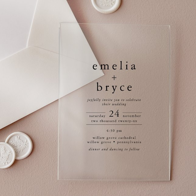 EMELIA Modern Boho Minimalistische, einzigartige S Acryleinladungen (EMELIA Modern Boho Minimalist Unique Black Wedding Acrylic Invitations)