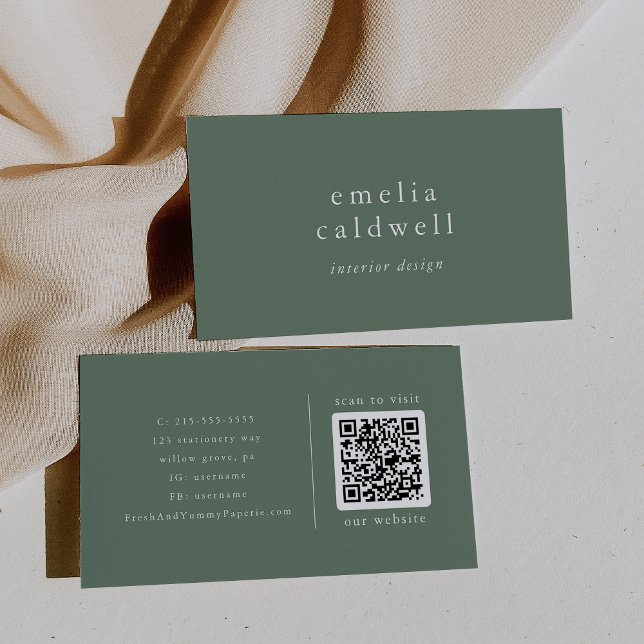 EMELIA Moderner Käfig Grüner Olive Boho Rustikaler Visitenkarte (EMELIA Modern Sage Green Olive Boho Rustic QR Code Business Card)