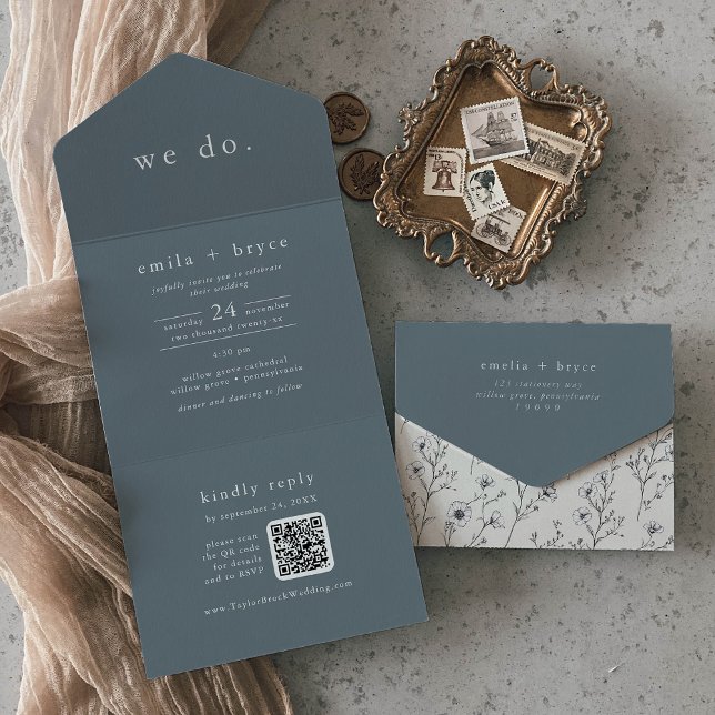 EMELIA QR Code Navy Floral Minimal einfache Hochze All In One Einladung (EMELIA QR Code Navy Floral Minimal Simple Wedding All In One Invitation)