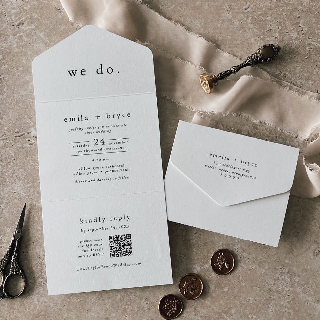 EMELIA QR Code White Black Rustic Simple Wedding All In One Einladung (EMELIA QR Code White Black Rustic Simple Wedding All In One Invitation)