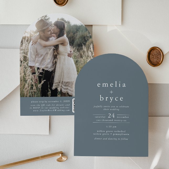 EMELIA QR Foto Arch Blue Vintage Wedding Einladung (EMELIA QR Code Photo Arch Blue Vintage Wedding Invitation)