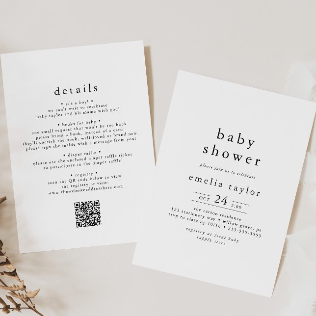 EMELIA Rustikale Minimalistisch QR Einfache Babydu Einladung (EMELIA Rustic Minimalist QR Simple Baby Shower Invitation)