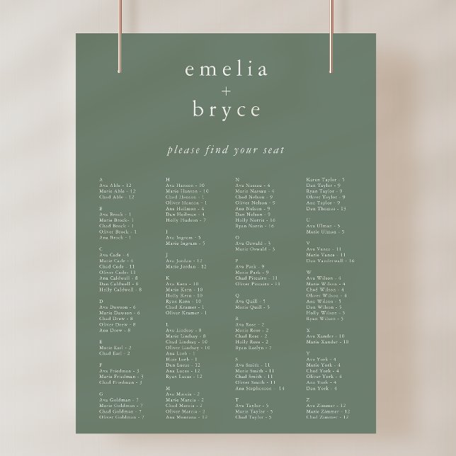 EMELIA Sage Modern Wedding Seating Chart Template Poster (EMELIA Sage Modern Wedding Seating Chart Template)