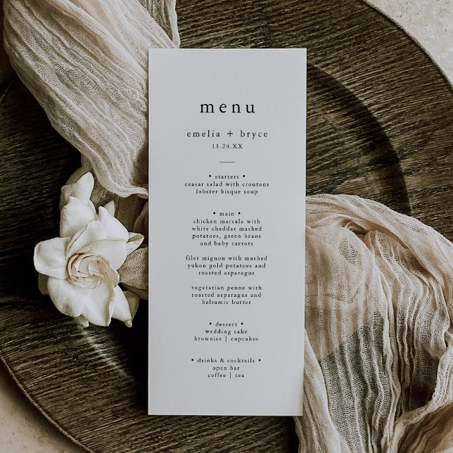 EMELIA Simple Modern Boho Clean Minimalistisch Wed Menükarte (EMELIA Simple Modern Boho Clean Minimalist Wedding Menu)