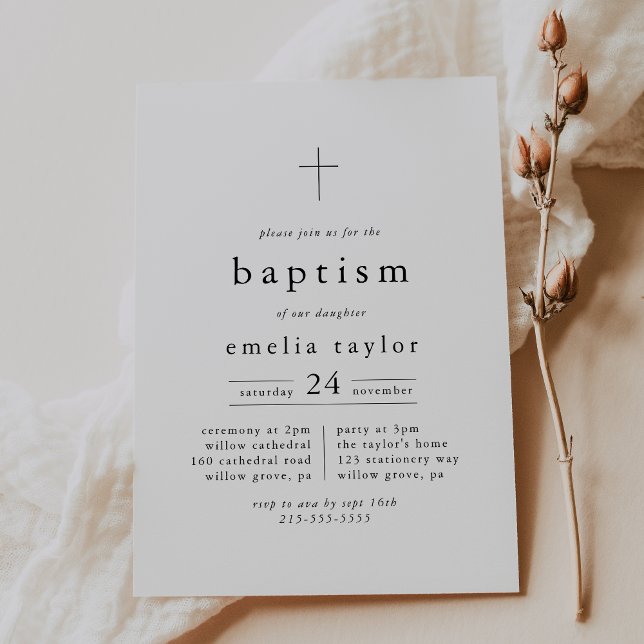 EMELIA Simple Modern Chic Boho Minimalistische Tau Einladung (EMELIA Simple Modern Chic Boho Minimalist Baptism Invitation)