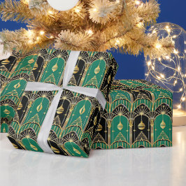 Emerald and Black Art Deco Holiday Pattern Geschenkpapier