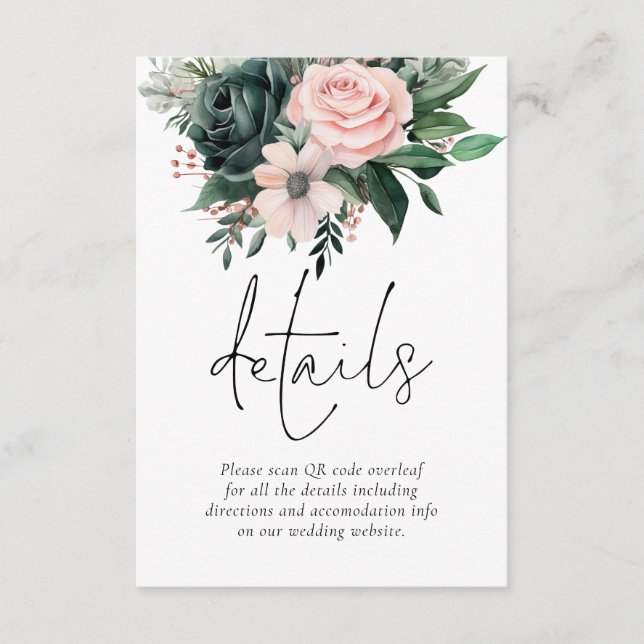 Emerald and Blush Florals QR Code Hochzeitsdetails Begleitkarte (Vorderseite)