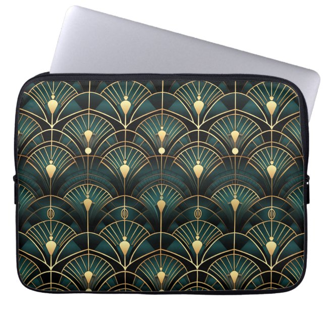 Emerald and Gold Art Deco Gemustert Laptopschutzhülle (Vorderseite)