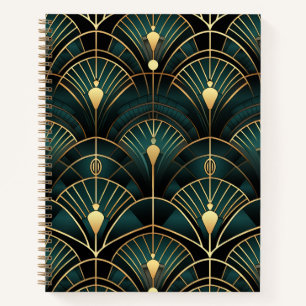 Emerald and Gold Art Deco Gemusterte Spirale Notizbuch