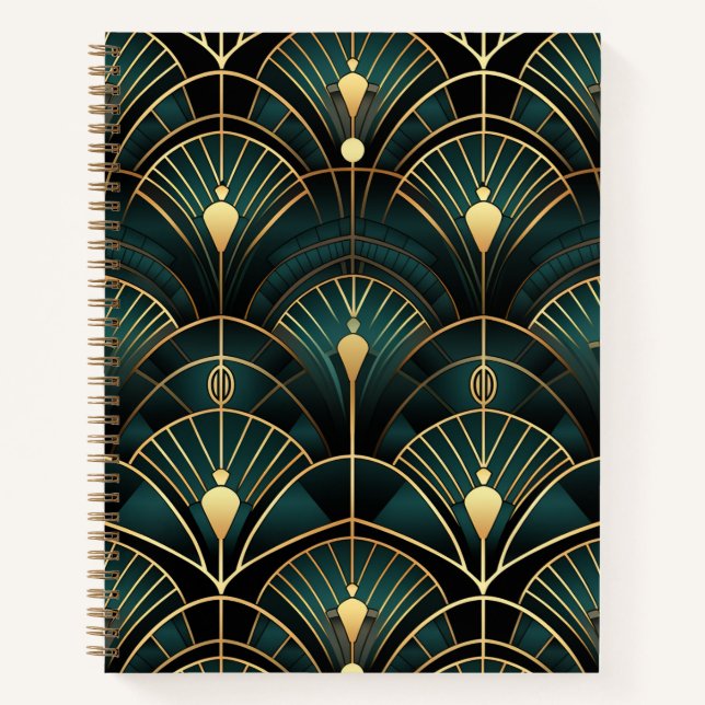 Emerald and Gold Art Deco Gemusterte Spirale Notizbuch (Vorderseite)
