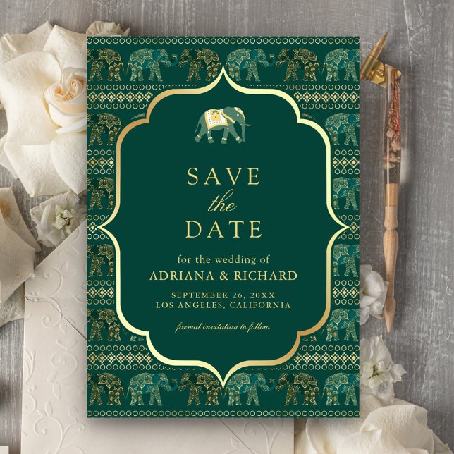 Emerald and Gold Elephant Indian Wedding Foto Save The Date (Von Creator hochgeladen)