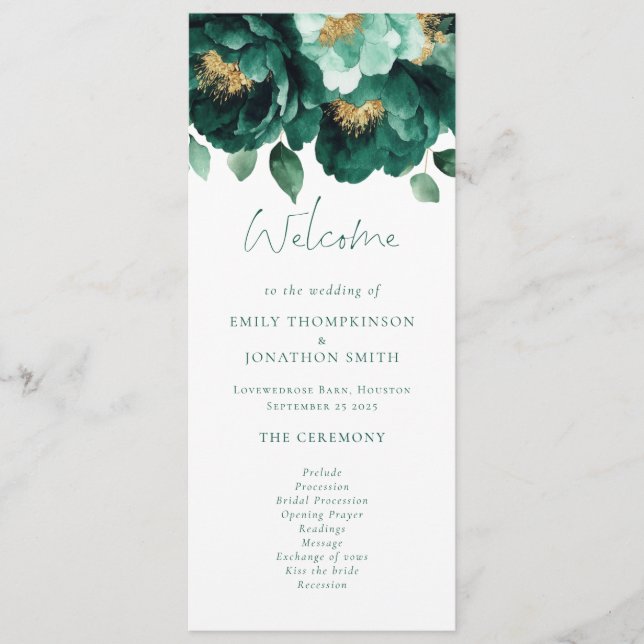 Emerald and Gold Florals Wedding Program Einladung (Vorderseite)