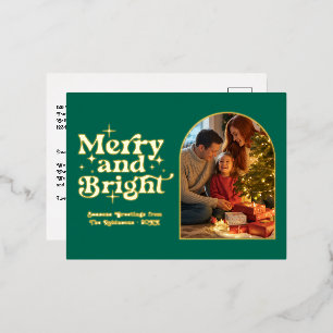Emerald and Gold Merry and Bright Retro Weihnachte Folien Feiertagspostkarte