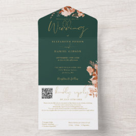 Emerald and Gold Rustic Floral QR Code Hochzeit All In One Einladung