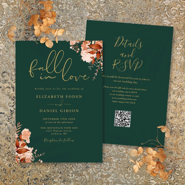 Emerald and Gold Rustic Floral QR Code Hochzeit Einladung (Emerald And Gold Rustic Floral QR Code Wedding Invitation)