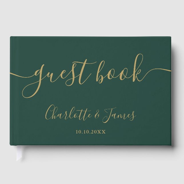 Emerald And Gold Signature Script Photo Wedding Gästebuch (Vorderseite)