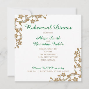Emerald and Gold Wedersal Rehersal Dinner Einladung