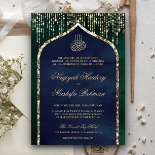 Emerald and Navy Gold Glitzer Arch Muslim Wedding Einladung