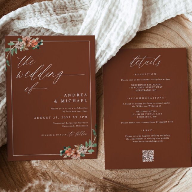 Emerald and Rust Burnt Orange Floral Wedding Einladung (Emerald, Rust and Burnt Orange Floral Wedding Invitations for Fall or Winter Wedding)