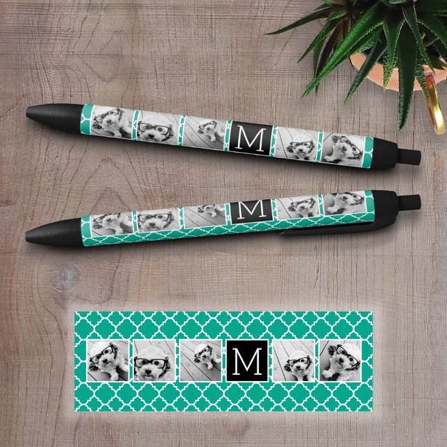 Emerald & Black Instagram 5 Foto Collage Monogramm Kugelschreiber (Personalized Writing Pens)