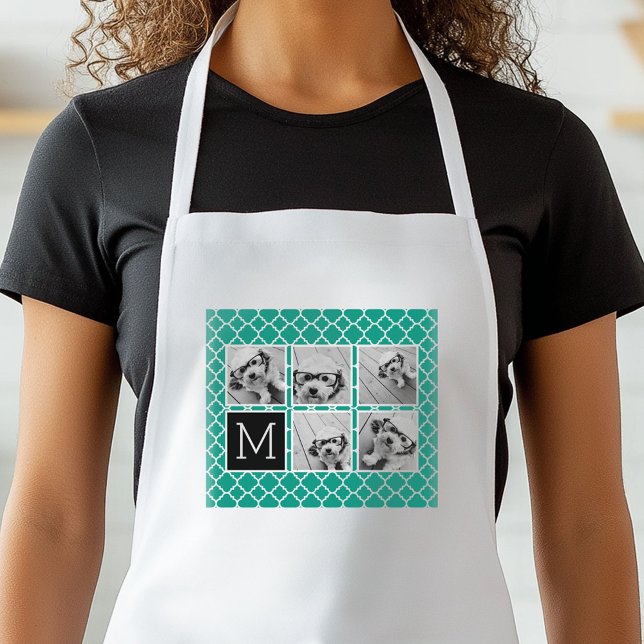Emerald & Black Instagram 5 Foto Collage Monogramm Schürze (Personalized Kitchen Apron)
