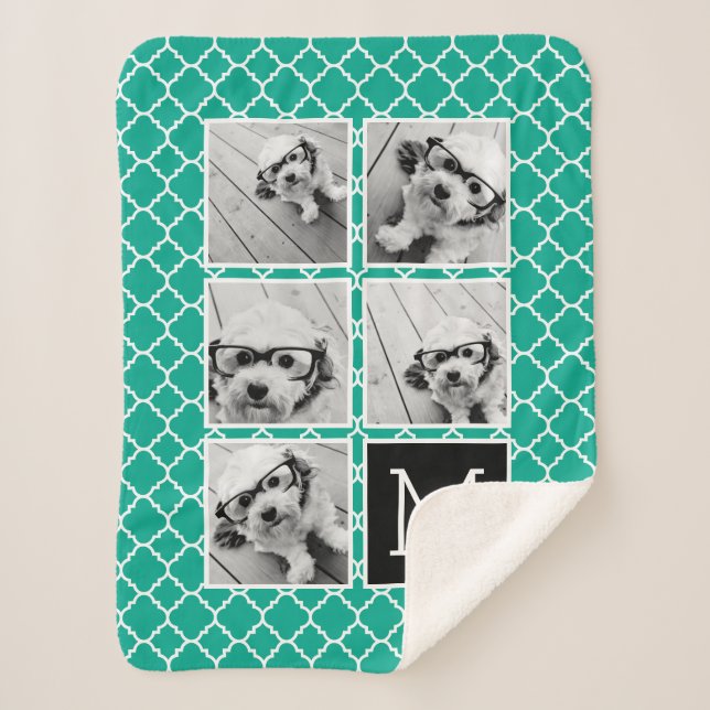 Emerald & Black Instagram 5 Foto Collage Monogramm Sherpadecke (Vorderseite)