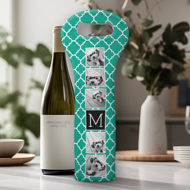 Emerald & Black Instagram 5 Foto Collage Monogramm Weintasche (Personalized Wine Tote - Add Your Photos or Customize completely in the advanced design area)