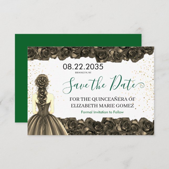Emerald & Black Quinceañera Save the Date (Vorne/Hinten)