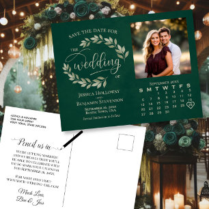 Emerald Blätter Foto Kalender Hochzeitstag Rett Ankündigungspostkarte