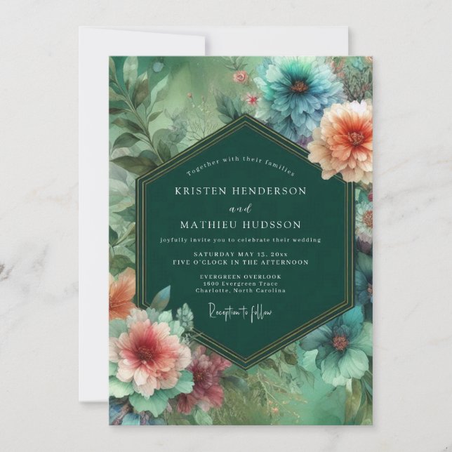 Emerald Bloom Whimsy Wedding Einladung (Vorderseite)