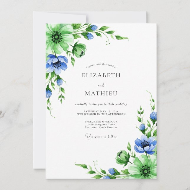 Emerald Blue Botanical Spring Wedding Einladung (Vorderseite)