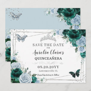 Emerald Blue Floral Silver Quinceanera XV Sweet 16 Save The Date