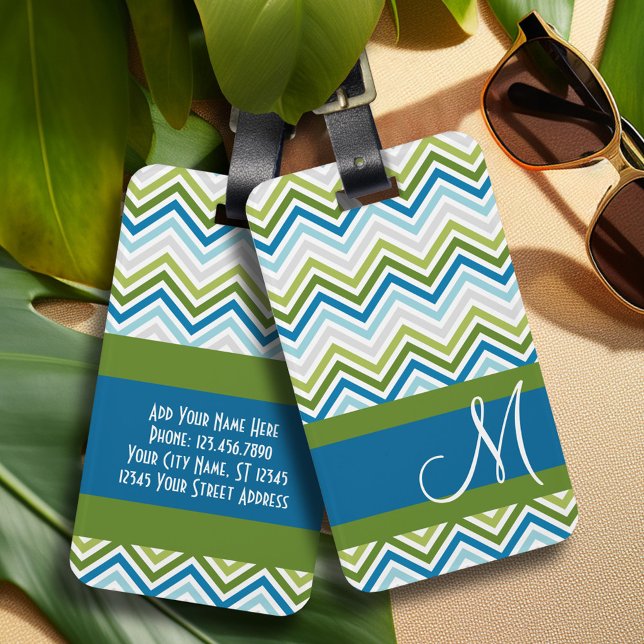 Emerald & Blue Zickzack Muster mit Monogram Gepäckanhänger (Personalized luggage tag - Add Your contact information and monogram)