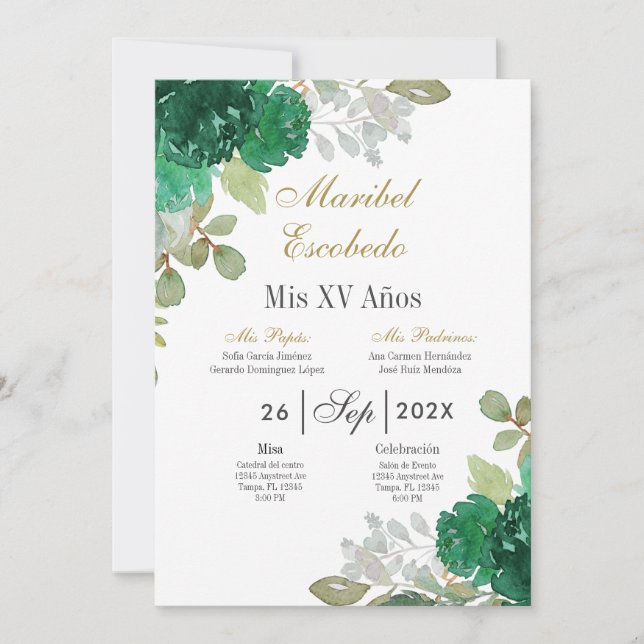 Emerald Blues Quinceanera Einladung (Vorderseite)